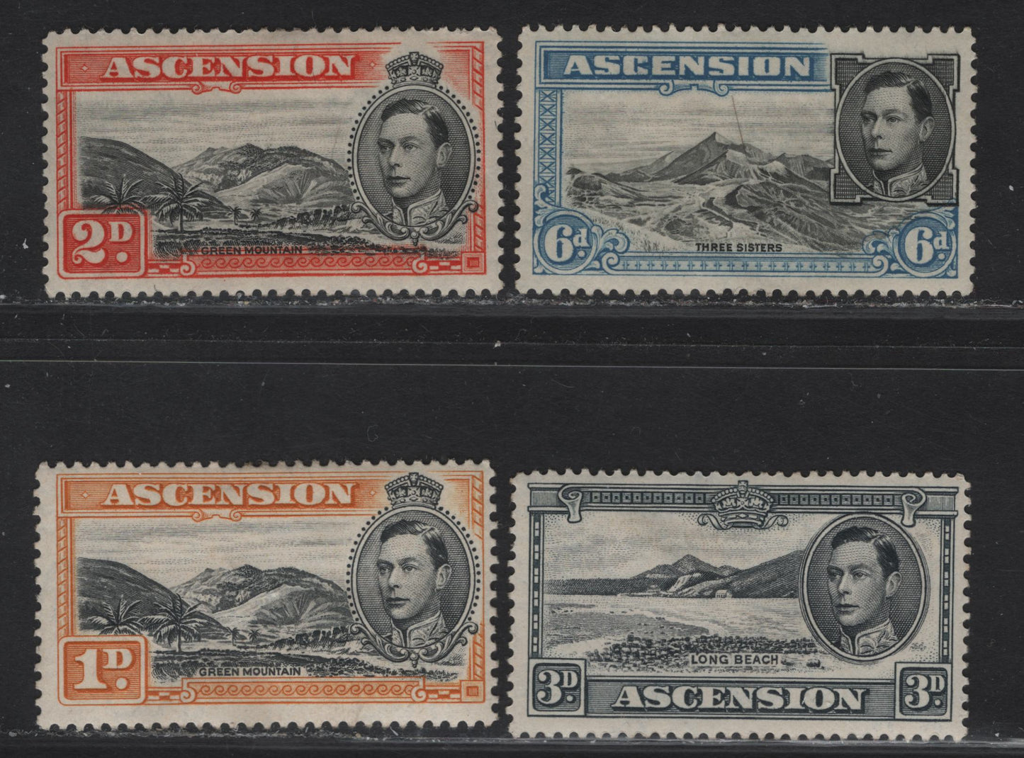 Lot 247 (C) Ascension SG#39b, 41, 42a, 43 1d - 6d Black & Yellow Orange - Black & Blue Green Mountain - Three Sisters, 1938-1953 KGVI Pictorial Issue, 4 F/VFOG Singles, Perfs 13.5 (Rest) & 13 (1d)