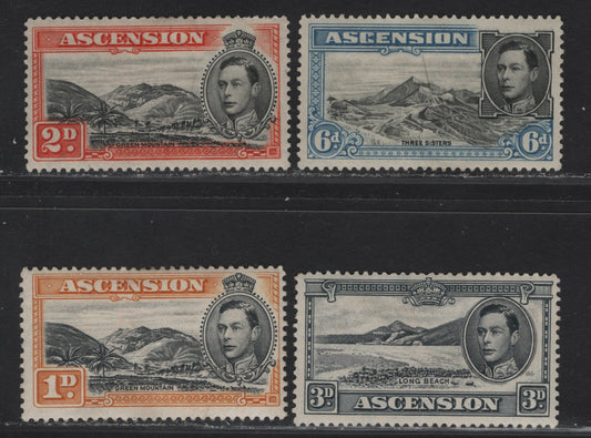 Lot 247 (C) Ascension SG#39b, 41, 42a, 43 1d - 6d Black & Yellow Orange - Black & Blue Green Mountain - Three Sisters, 1938-1953 KGVI Pictorial Issue, 4 F/VFOG Singles, Perfs 13.5 (Rest) & 13 (1d)