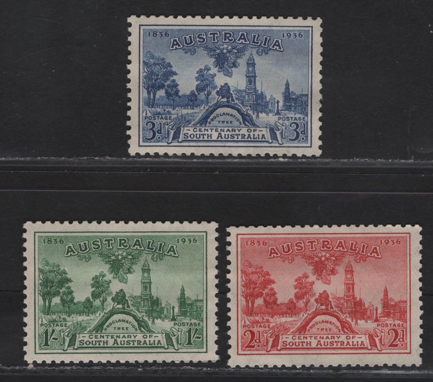Lot 249 (C) Australia SG#161-163 2d - 1/- Carmine - Green Site of Adelaide, 1936 Centenary of South Australia Issue, 3 VFNH Singles, Some Wrinkling Due to Crystal Mount Shrinkage