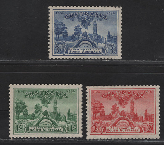 Lot 249 (C) Australia SG#161-163 2d - 1/- Carmine - Green Site of Adelaide, 1936 Centenary of South Australia Issue, 3 VFNH Singles, Some Wrinkling Due to Crystal Mount Shrinkage