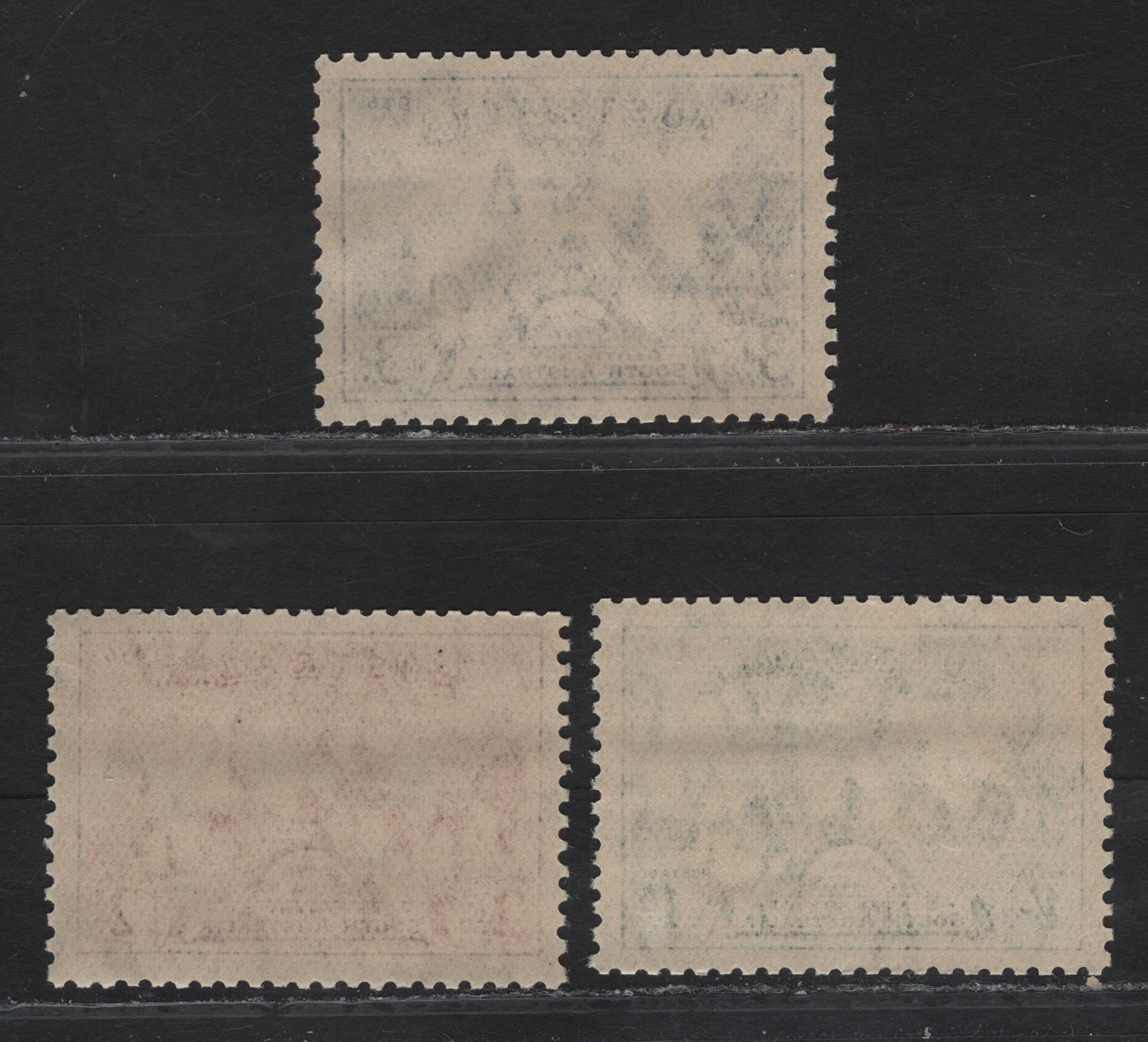 Lot 249 (C) Australia SG#161-163 2d - 1/- Carmine - Green Site of Adelaide, 1936 Centenary of South Australia Issue, 3 VFNH Singles, Some Wrinkling Due to Crystal Mount Shrinkage