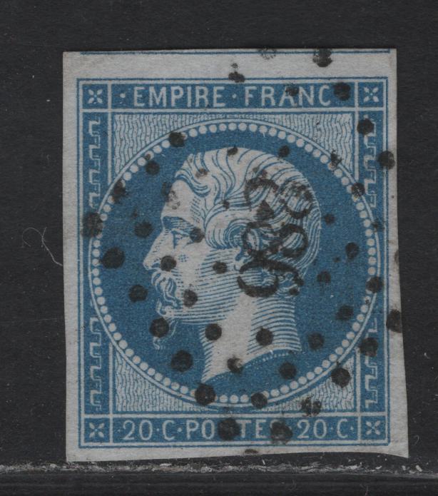 Lot 25 France SC#15d 20c Blue on Bluish Napoleon III, 1853-1860 Emperor Napoleon III Issue, A Very Fine Used Imperf Single, #886 Small Numeral Diamond Dotted Cancel, Type II