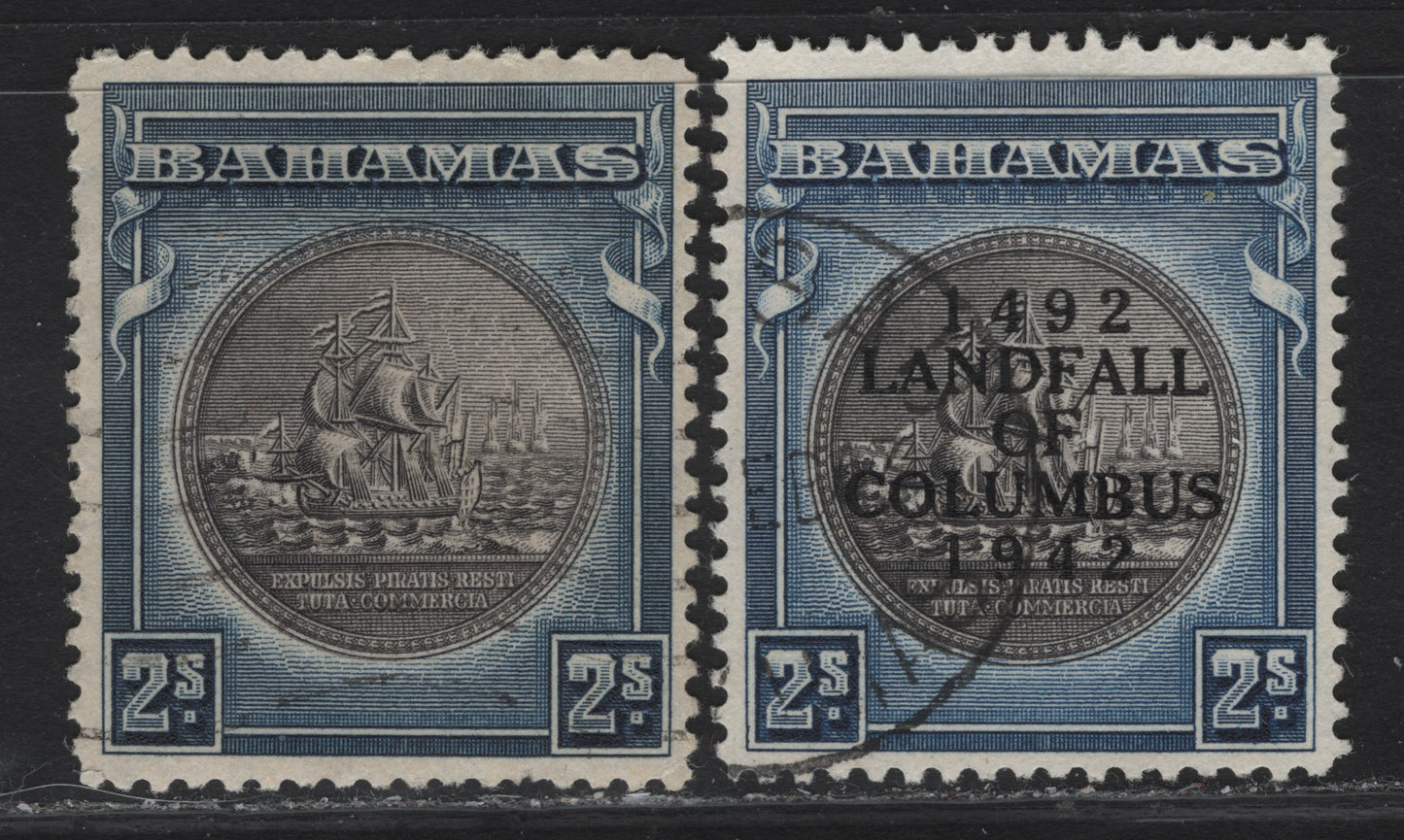 Lot 251 (C) Bahamas SG#131c, 172b 2/- Brownish Black & Steel Blue Badge of the Colony, 1931-1942 Badge of the Colony - Landfall of Columbus Issues, 2 Fine/Very Fine Used Singles