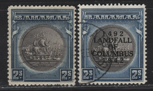 Lot 251 (C) Bahamas SG#131c, 172b 2/- Brownish Black & Steel Blue Badge of the Colony, 1931-1942 Badge of the Colony - Landfall of Columbus Issues, 2 Fine/Very Fine Used Singles