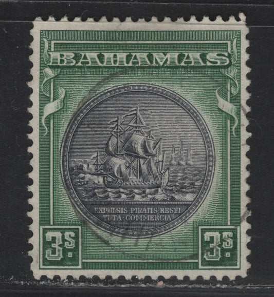 Lot 252 (C) Bahamas SG#132 3/- Slate Purple & Myrtle Green Badge of the Colony, 1931 Badge of The Colony Issue, A Very Fine Used Single