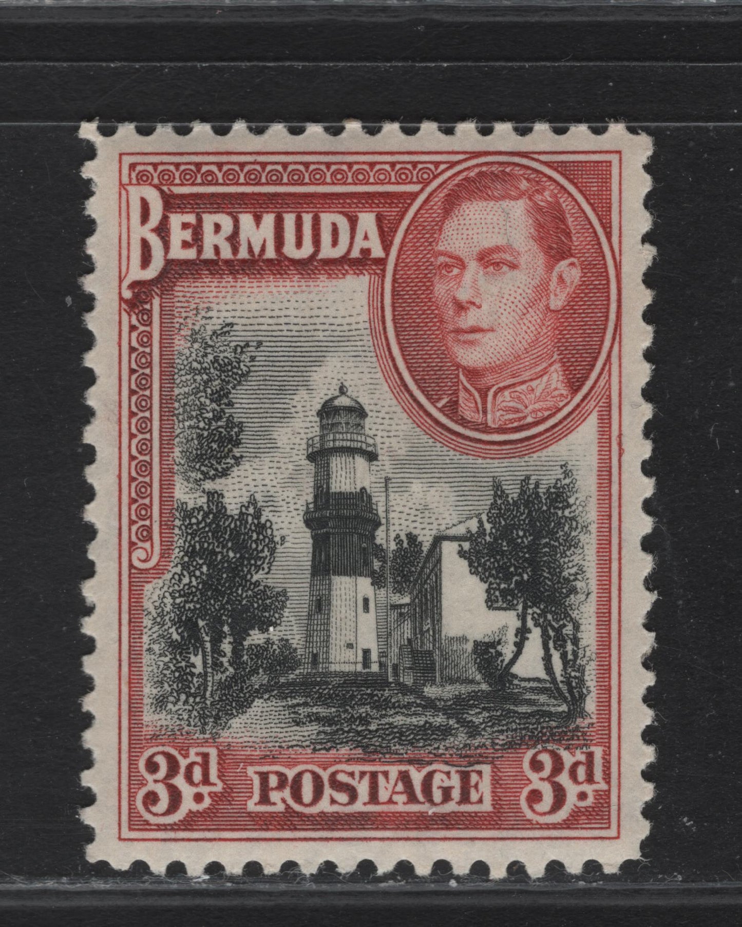 Lot 256 (C) Bermuda SG#114 3d Black & Deep Rose Red St Davids Lighthouse, 1938-1952 KGVI Pictorial Issue, A VFNH Single, Line Perf 11.9