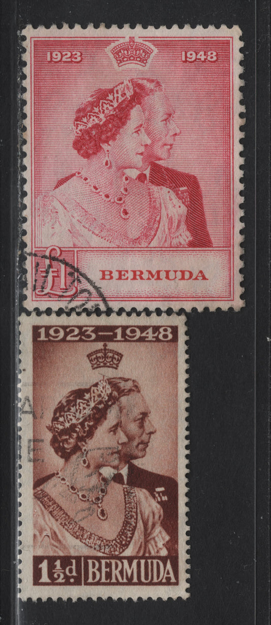 Lot 257 (C) Bermuda SG#125-126 1.5d - £1 Red Brown - Carmine Rose KGVI & Queen Elizabeth, 1948 Royal Silver Wedding Issue, 2 Very Fine Used Singles