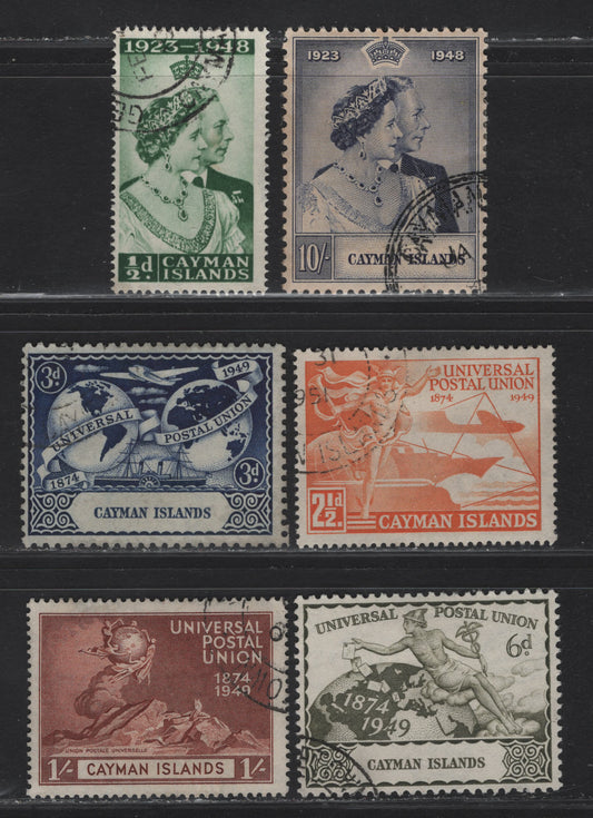 Lot 260 (C) Cayman Islands SG#129-134 1/2d - 1/- Green - Red Brown KGVI & Queen Elizabeth - UPU Monument, 1948-1949 Silver Wedding - 75th Anniv of UPU Issues, 6 Fine/Very Fine Used Singles