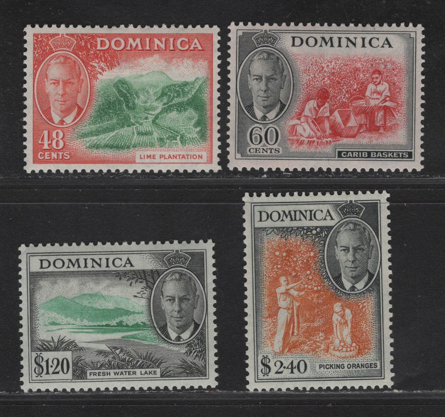 Lot 267 Dominica SG#131-134 48c - $2.40 Bright Green & Red Orange - Orange & Black Lime Plantation - Picking Oranges, 1951 KGVI Pictorial Issue, 4 VFOG Singles