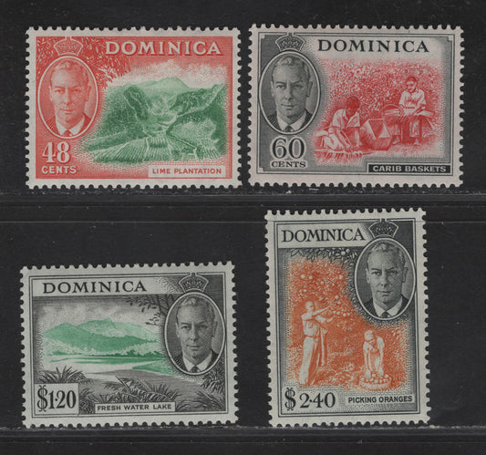 Lot 267 Dominica SG#131-134 48c - $2.40 Bright Green & Red Orange - Orange & Black Lime Plantation - Picking Oranges, 1951 KGVI Pictorial Issue, 4 VFOG Singles