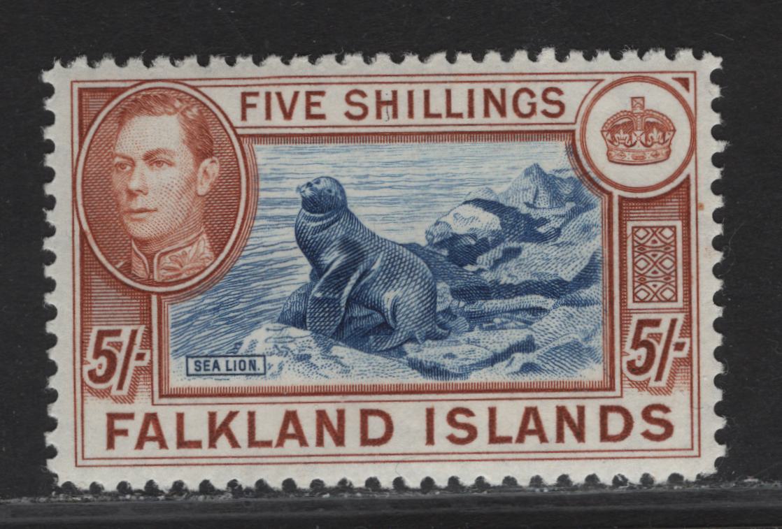 Lot 268 Falkland Islands SG#161 5/- Blue & Chestnut Southern Sealion, 1938-1950 KGVI Pictorial Issue, A VFOG Single, 1938 Printing With Crackly Gum