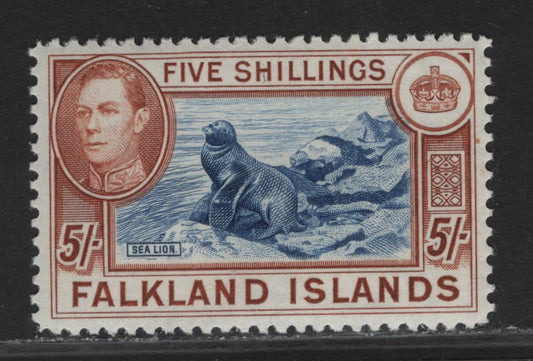 Lot 268 Falkland Islands SG#161 5/- Blue & Chestnut Southern Sealion, 1938-1950 KGVI Pictorial Issue, A VFOG Single, 1938 Printing With Crackly Gum