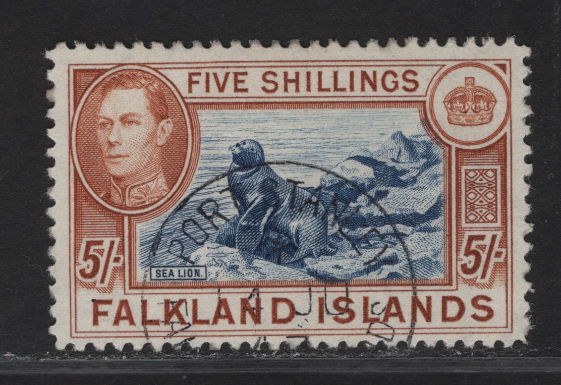 Lot 269 Falkland Islands SG#161b 5/- Indigo & Pale Yellow Brown Southern Sealion, 1938-1950 KGVI Pictorial Issue, A Very Fine Used Single, Wartime Printing