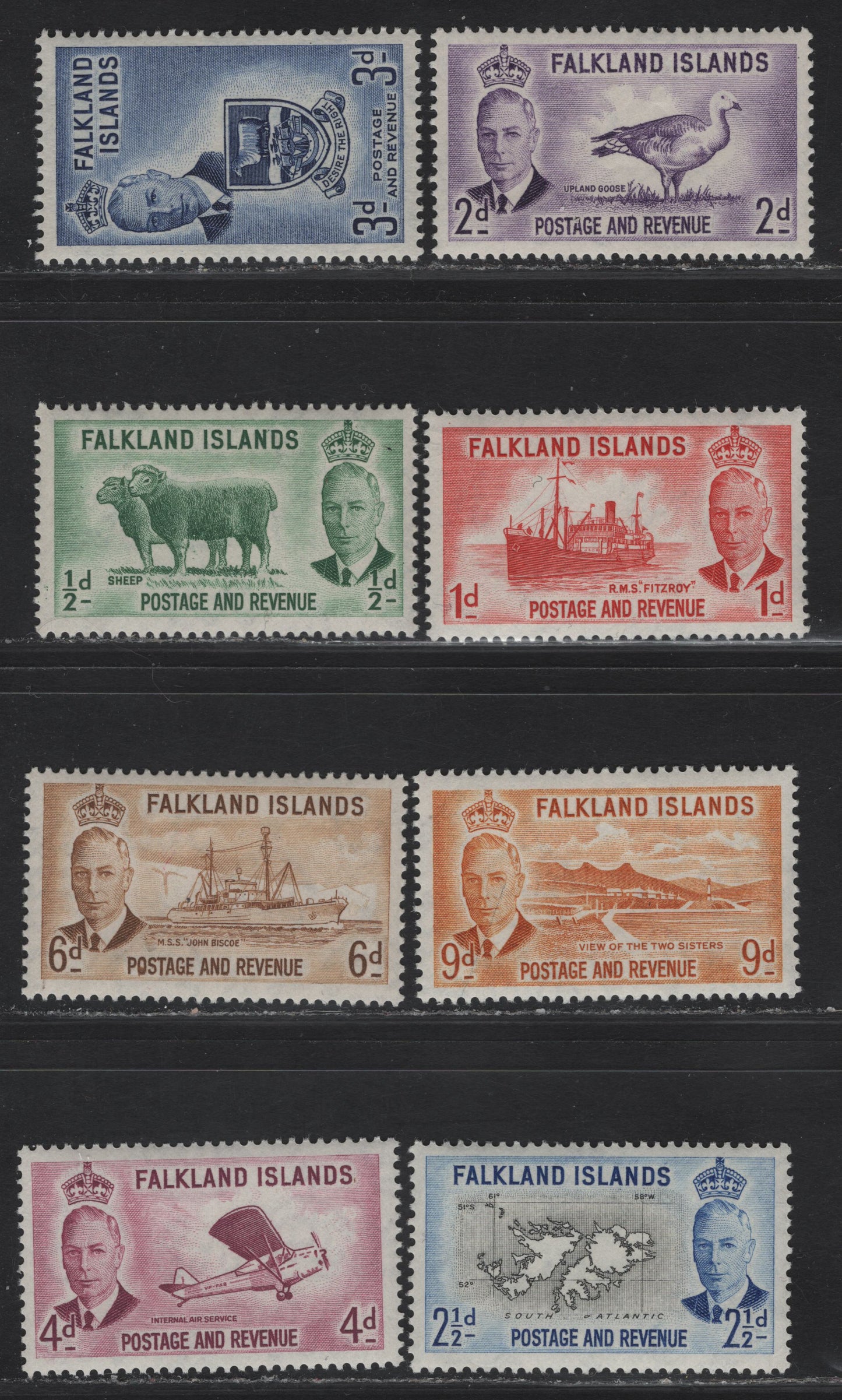 Lot 270 Falkland Islands SG#172-179 1/2d - 9d Green - Orange Sheep - View of the Two Sisters, 1952 KGVI Pictorial Issue, 8 F/VFNH Singles