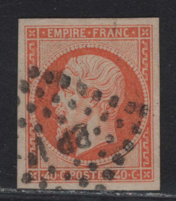 Lot 27 France SC#18 40c Orange on Yellowish Napoleon III, 1853-1860 Emperor Napoleon III Issue, A Very Fine Used Imperf Single, Type 1, 1da Cancel In Diamon Dots, Full Margins On All 4 Sides.