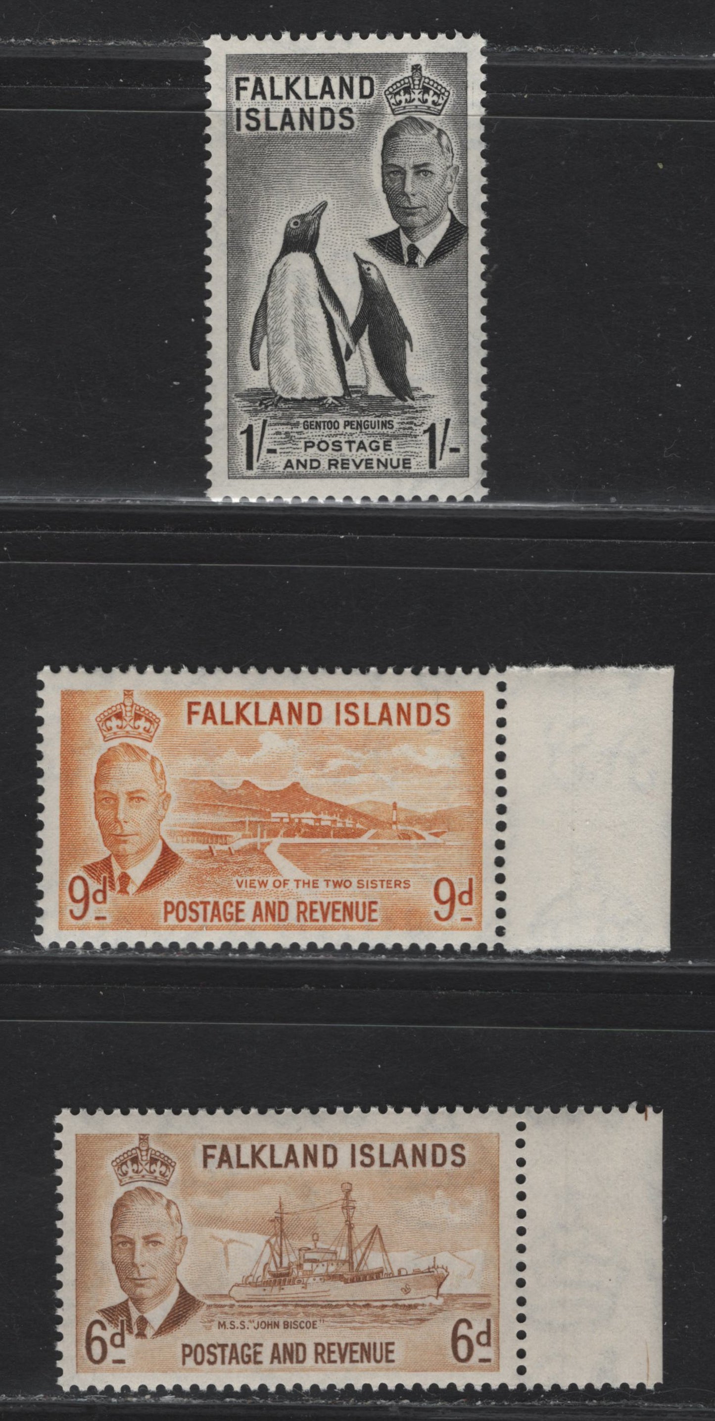 Lot 271 Falkland Islands SG#178-180 6d - 1/- Bister Brown - Black John Biscoe - Gentoo Penguins, 1952 KGVI Pictorial Issue, 3 VFNH Singles