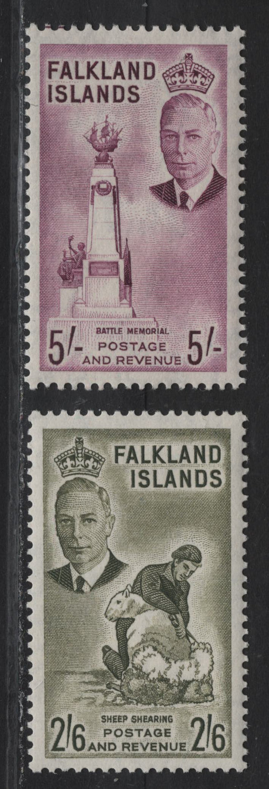 Lot 273 Falkland Islands SG#182-183 2/6 - 5/- Olive Green - Purple Sheep Shearing - Battle Memorial, 1952 KGVI Pictorial Issue, 2 VFNH Singles