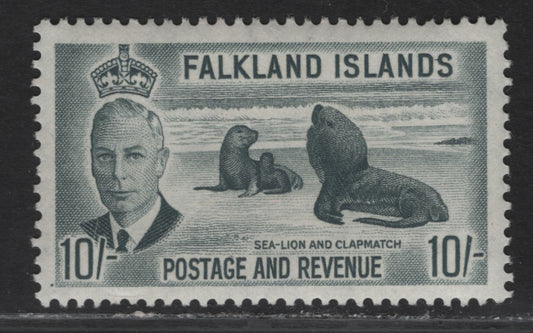 Lot 274 Falkland Islands SG#184 10/- Slate Gray Southern Sealion & S.A Fur Seal, 1952 KGVI Pictorial Issue, A VFNH Single