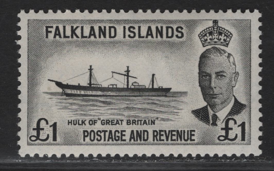 Lot 275 Falkland Islands SG#185 £1 Black Hulk of Great Britain, 1952 KGVI Pictorial Issue, A VFNH Single