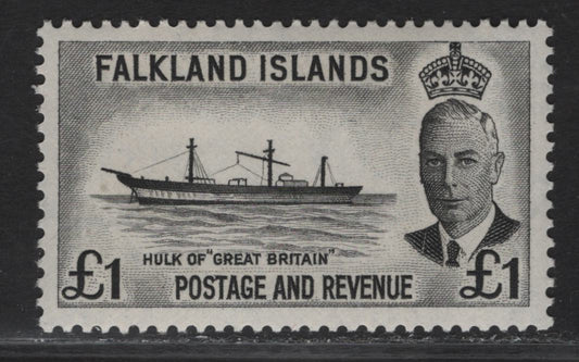 Lot 275 Falkland Islands SG#185 £1 Black Hulk of Great Britain, 1952 KGVI Pictorial Issue, A VFNH Single