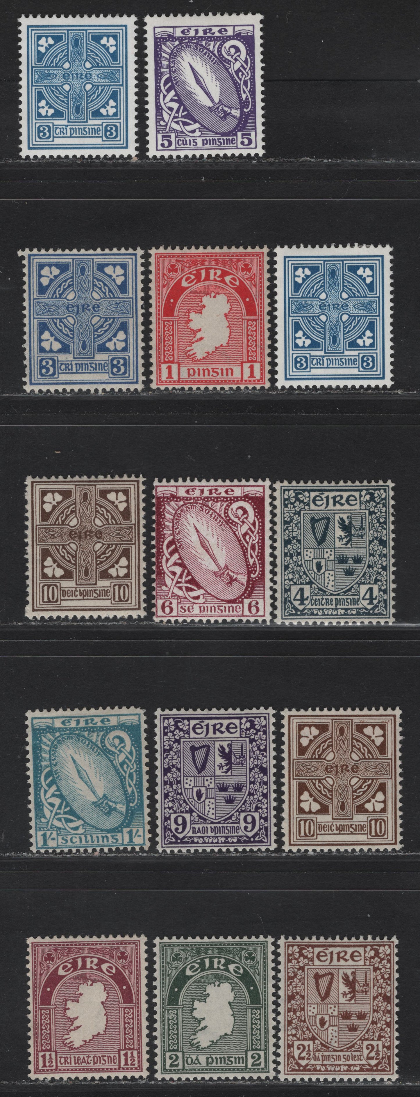 Lot 276 Ireland SG#112/228 1d - 1/- Carmine - Light Blue Map of Ireland - Sword of Light, 1940-1968 Sword of Light, Celtic Cross, Map & Arms Definitives, 14 F/VFOG Singles, Multiple 'e' Wmk, Includes Smaller Designs Of 3d & 5d, 6d Chalky Paper.