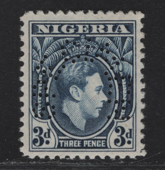 Lot 278 Nigeria SG#53s 3d Blue & Chestnut King George VI, 1938-1951 KGVI Palm Tree Design Issue, A VFNH Single, Specimen Perfin (Horseshoe Design)