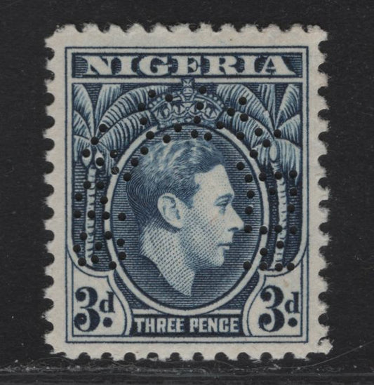 Lot 278 Nigeria SG#53s 3d Blue & Chestnut King George VI, 1938-1951 KGVI Palm Tree Design Issue, A VFNH Single, Specimen Perfin (Horseshoe Design)