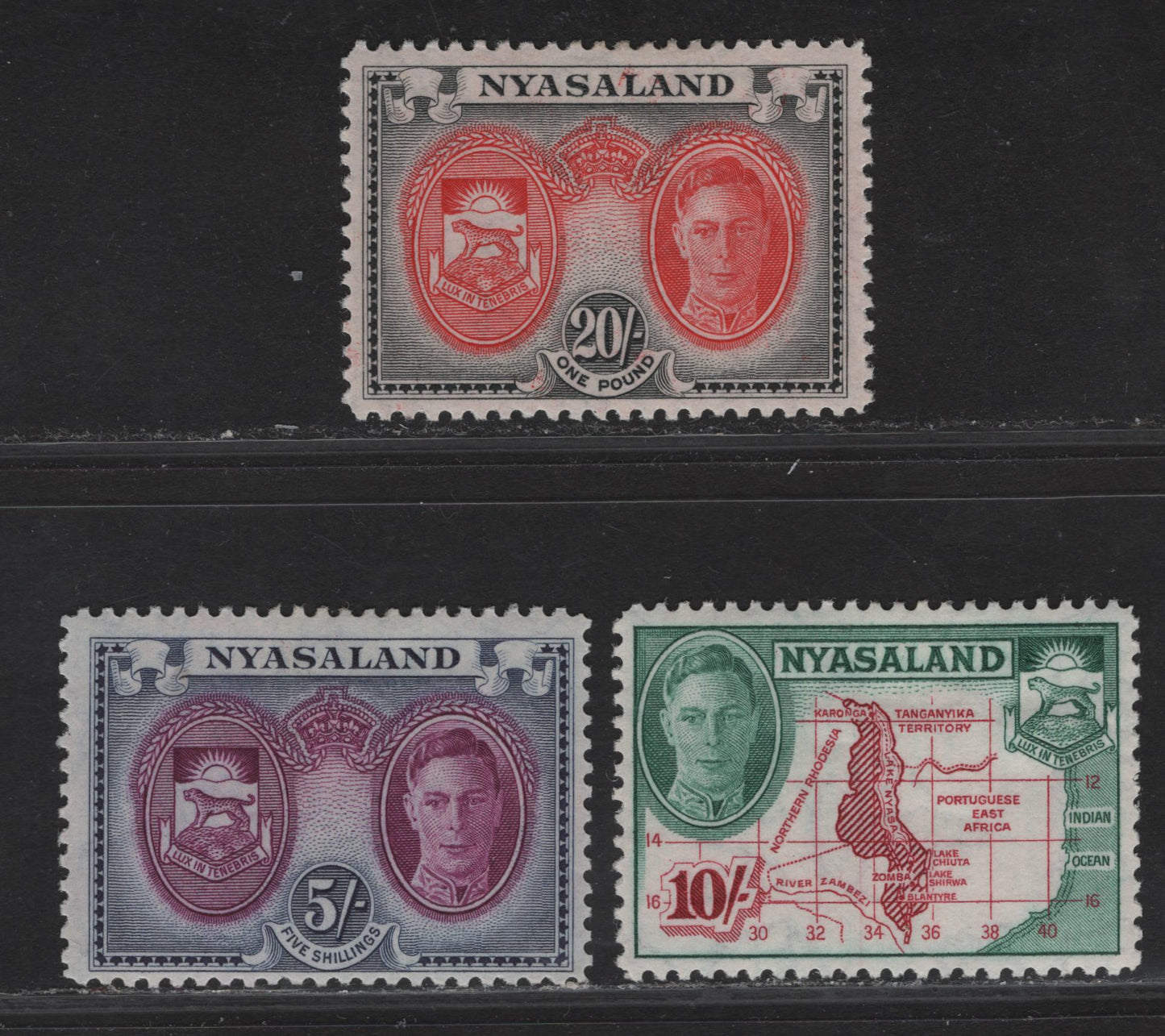 Lot 283 Nyasaland SG#155-157 5/- - 20/- Purple & Blue - Scarlet & Black King George VI, 1945 KGVI Pictorial Issue, 3 F/VFOG Singles