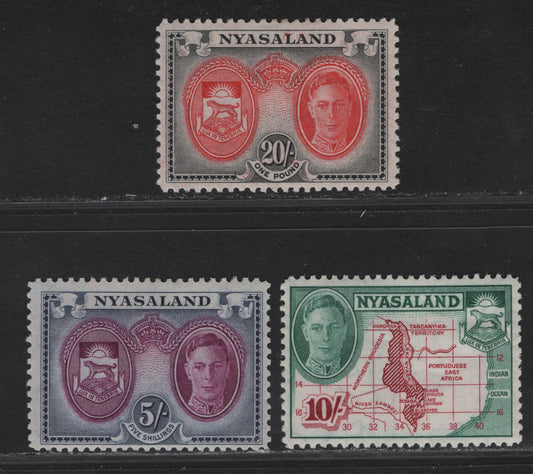 Lot 283 Nyasaland SG#155-157 5/- - 20/- Purple & Blue - Scarlet & Black King George VI, 1945 KGVI Pictorial Issue, 3 F/VFOG Singles