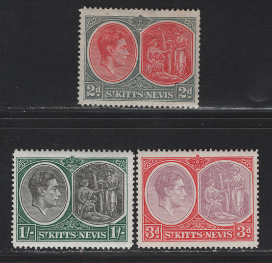 Lot 287 St Kitts & Nevis SG#71ba, 73c, 75b 2d - 1/- Scarlet & Deep Gray - Black & Green King George VI & Medicinal Spring, 1938-1950 KGVI Pictorial Issue, 3 VFOG Singles, Ordinary Paper, Perf 14