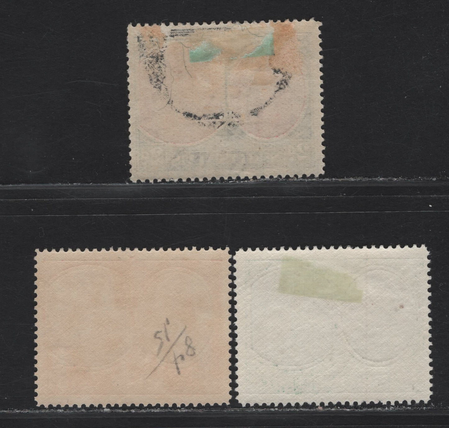 Lot 287 St Kitts & Nevis SG#71ba, 73c, 75b 2d - 1/- Scarlet & Deep Gray - Black & Green King George VI & Medicinal Spring, 1938-1950 KGVI Pictorial Issue, 3 VFOG Singles, Ordinary Paper, Perf 14