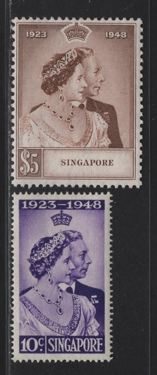 Lot 288 (C) Singapore SG#31-32 10c - $5 Violet - Brown King George VI & Medicinal Spring, 1948 Silver Wedding Issue, 2 F/VFOG Singles