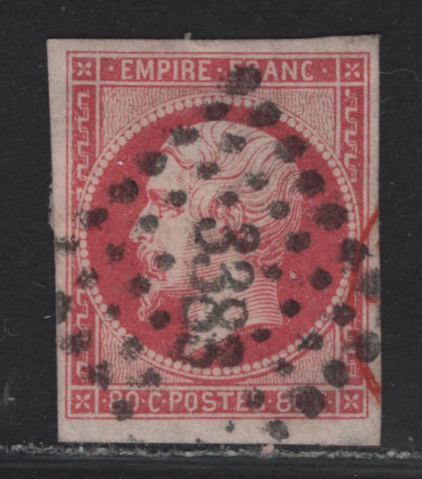 Lot 29 France SC#19d 80c Pale Carmine Lake Napoleon III, 1853-1860 Emperor Napoleon III Issue, A Very Fine Used Imperf Single, #3383 Diamond Dotted Cancel