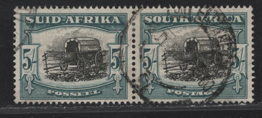 Lot 291 South Africa SG#122 5/- Black & Pale Blue Green Ox Wagon Outspanned, 1947-1954 Screened Rotogravure Pictorial Issue, A Fine Used Horizontal Pair, Die 1