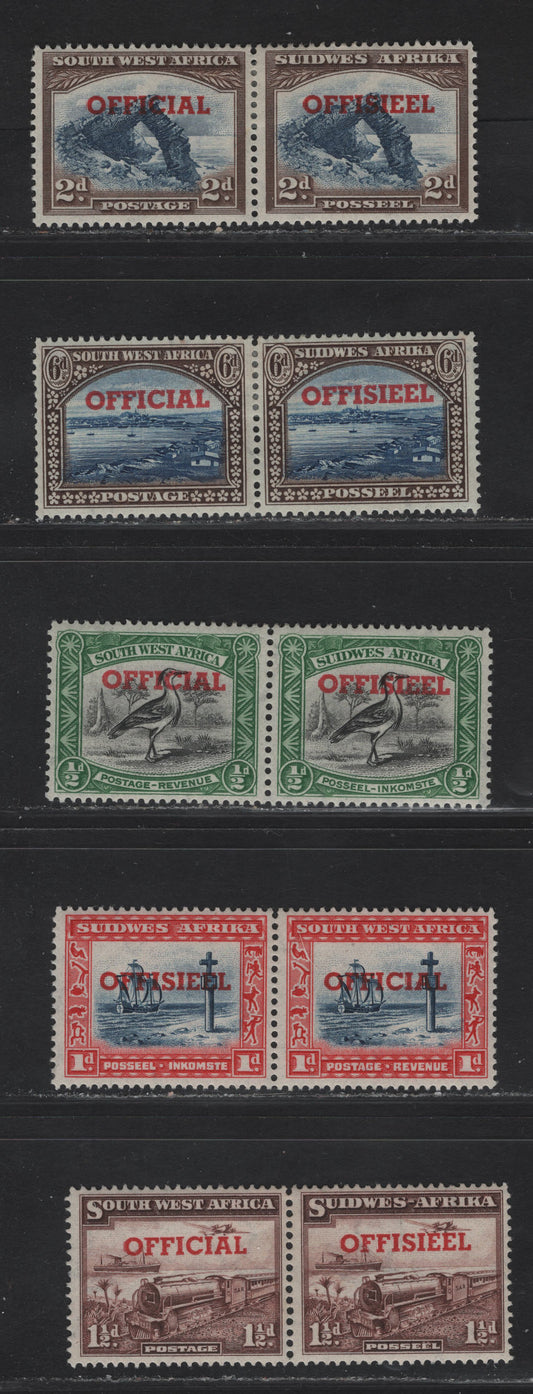 Lot 293 (C) South West Africa SG#O23-O27 1/2d - 6d Black & Emerald - Blue & Brown Union Buildings - Groot Constantia, 1951-1952 Official Overprints On Pictorial Issues, 5 VFOG Horizontal Pair