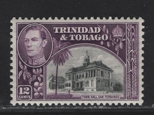 Lot 294 Trinidad & Tobago SG#252 12c Black & Purple Town Hall, 1938-1944 KGVI Pictorial Issue, A VFNH Single, 1938 Printing, Smooth, Satin Gum