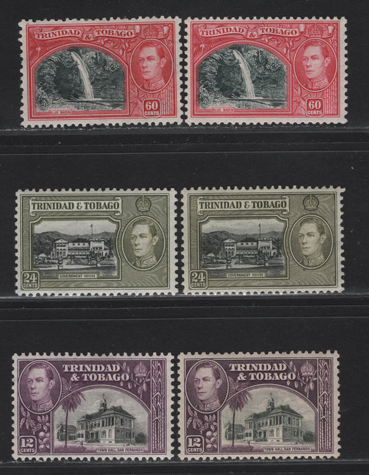 Lot 296 Trinidad & Tobago SG#252-a, 253-254 12c - 60c Black & Purple/Slate Purple - Myrtle Green & Carmine/Deep Scarlet Town Hall - Blue Basin, 1938-1944 KGVI Pictorial Issue, 6 F/VFOG Singles, Wartime Printings With Crackly Gum