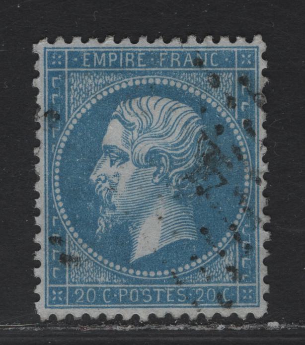 Lot 30 France SC#26d 20c Blue on Azure Napoleon III, 1862-1871 Emperor Napoleon III Issue, A Very Fine Used Imperf Single, Perfectly Centered Example