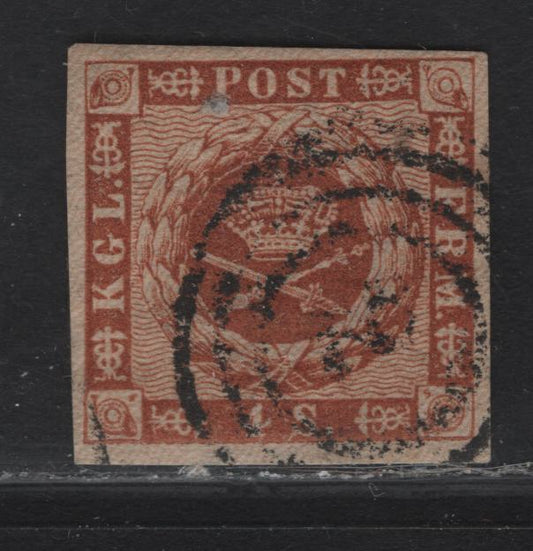 Lot 3 Denmark SC#7 4s Yellow Brown Arms, 1858-1862 Arms Issue, A Very Fine Used Single