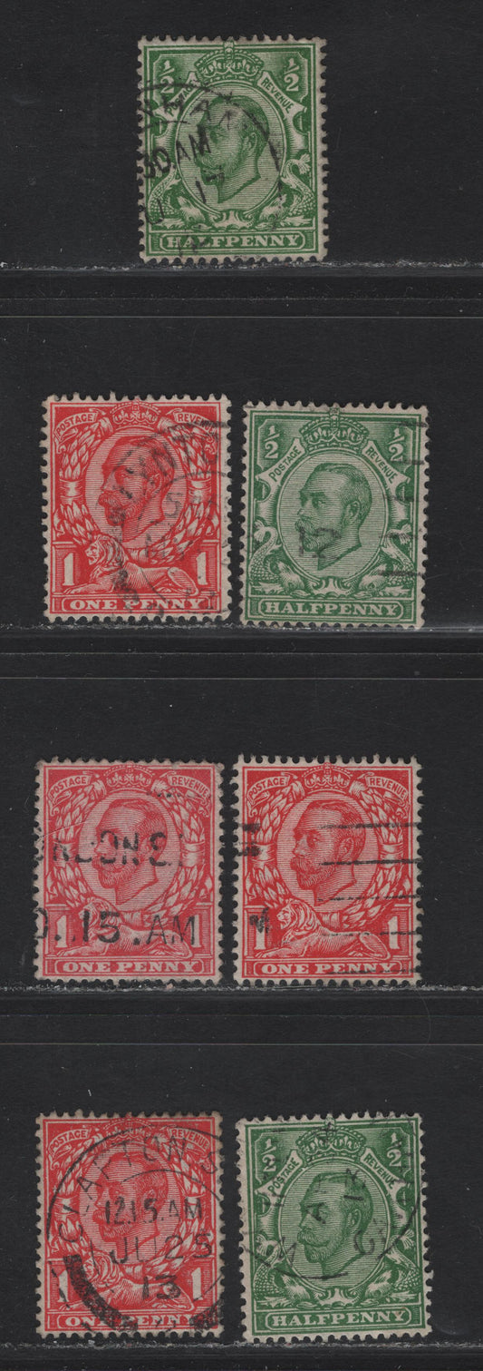 Lot 302 Great Britain SG#339-342, 344-345 1/2d Yellow Green - Rose Scarlet King George V, 1911 Downey Heads Issue, 6 Fine/Very Fine Used Singles, Type 2 Designs, Imperial Crown & Cypher Wmks