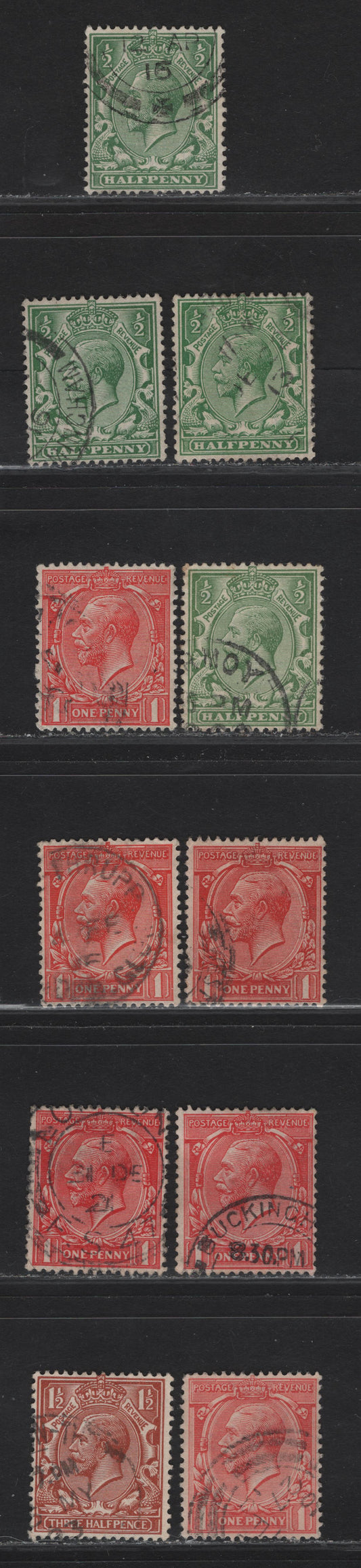 Lot 303 Great Britain SG#351-354, 357-359, 362 1/2d - 1.5d Green - Red Brown King George V, 1912-1924 KGV Profile Heads Issue, 8 Fine/Very Fine Used Singles, Royal Cypher Wmk