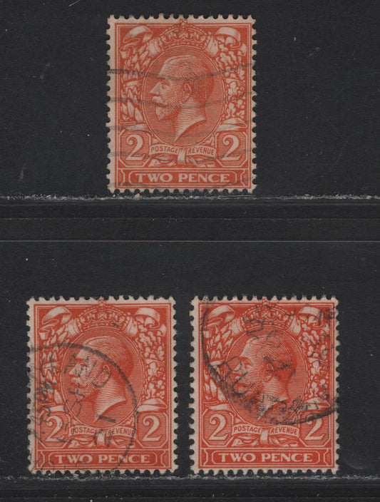 Lot 304 Great Britain SG#366-368 2d Orange Yellow - Orange King George V, 1912-1924 KGV Profile Heads Issue, 3 Fine/Very Fine Used Singles, Die 1