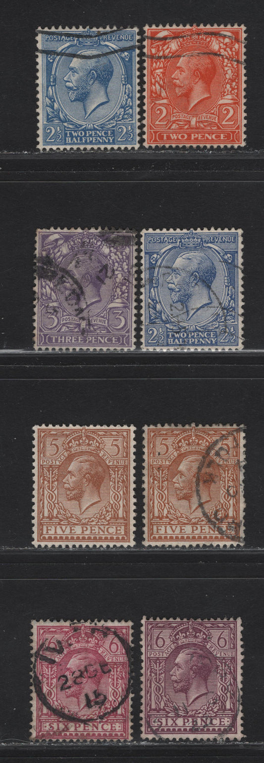 Lot 305 (C) Great Britain SG#369, 371a, 372, 374, 381-382, 384-385 2d - 6d Bright Orange - Reddish Purple King George V, 1912-1924 KGV Profile Heads Issue, 8 Fine/Very Fine Used Singles, Royal Cypher Wmk