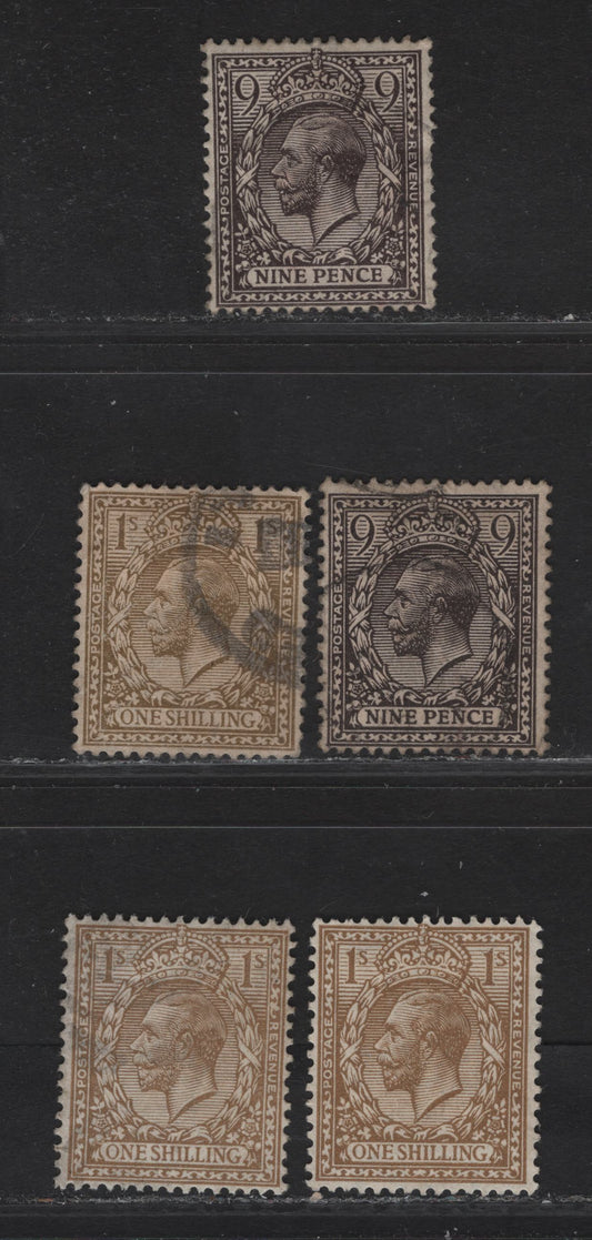 Lot 306 (C) Great Britain SG#392-393, 395-396 1d -1/- Agate - Pale Bistre Brown King George V, 1912-1924 KGV Profile Heads Issue, 4 Fine/Very Fine Used Singles, Royal Cypher Wmk