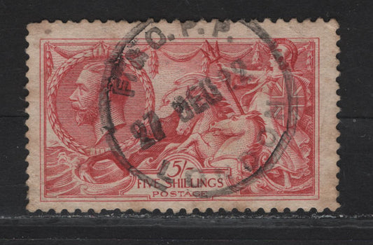 Lot 308 (C) Great Britain SG#416 5/- Rose Red Britannia & Seahorses, 1918-1919 Seahorses Issue, A Very Good Used Single, Bradbury Wilkinson Printing, Some Light Creases & Toning