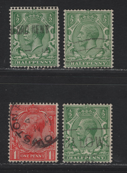 Lot 309 Great Britain SG#418wi,a, 419wi 1/2d - 1d Green - Scarlet King George V, 1924-1926 KGV Profile Heads Issue, 3 Fine/Very Fine Used Singles, Sideways (Coil) & Inverted (Bklt) Wmks