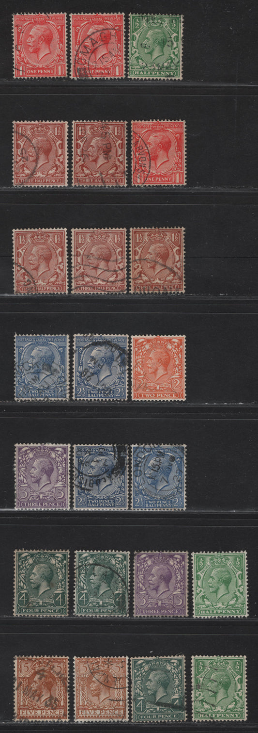 Lot 310 (C) Great Britain SG#418-425 1/2d -5d Green - Brown King George V, 1924-1926 KGV Profile Heads Issue, 23 Fine/Very Fine Used Singles, Additional Shades, Block Cypher Wmk