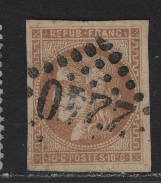 Lot 31 France SC#42a 10c Bistre Bourdeaux, 1870 Bourdeaux Issue, A Fine Used Imperf Single, Tpye B, Full Margins, Large Numeral #2240 Diamond Dotted Cancel, Light Corner Crease At Upper Left.