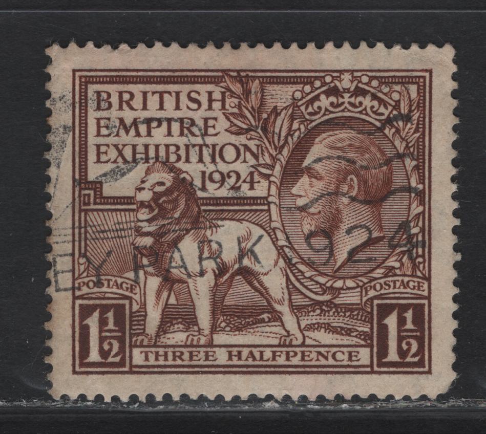 Lot 312 Great Britain SG#431 1.5d - £1 Brown KGV & Lion, 1924 Wembley Issue, A Very Fine Used Single
