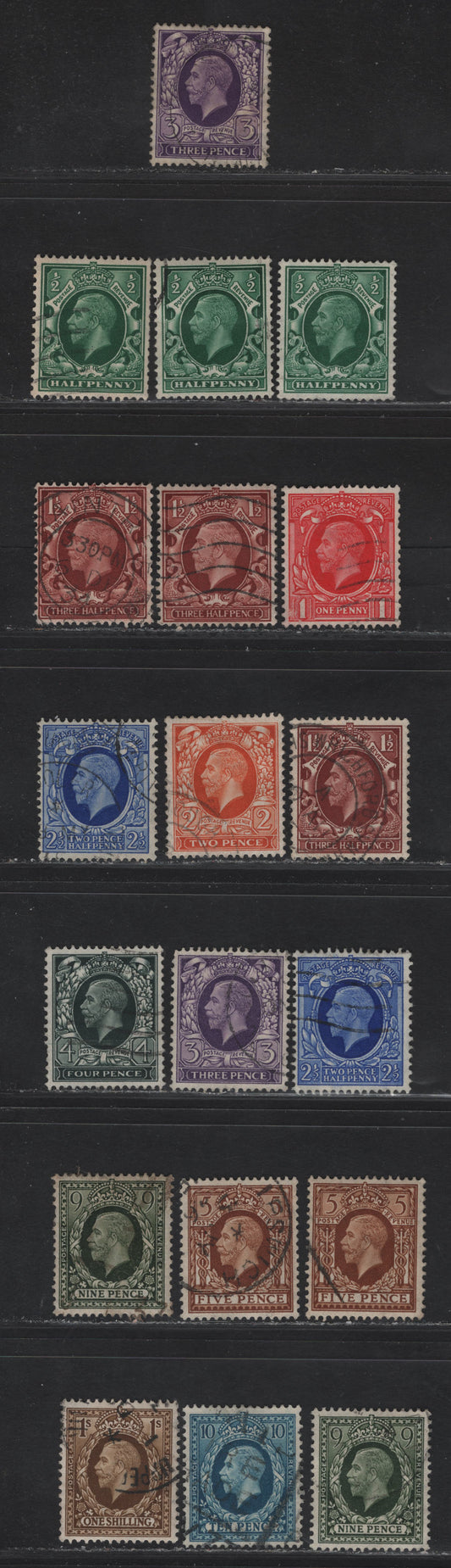 Lot 316 Great Britain SG#439-449 1/2d - 1/- Green - Bistre Brown King George V, 1934-1936 King George V Issue, 19 Fine/Very Fine Used Singles, Includes All Three Design Sizes of The 1.5d Red Brown